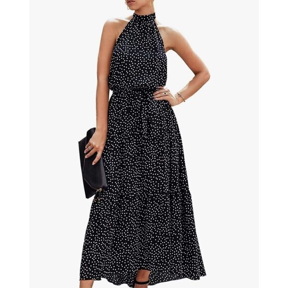 PRETTYGARDEN Dresses & Skirts - NEW Polka dot Halter Neck Maxi Dress Ruffle Sundress Belt L